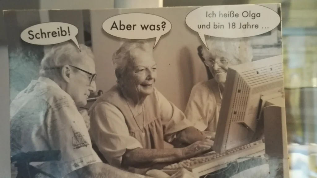 "Schreib!" "Aber was?" "Ich heiße Olga und bin 18 Jahre ..."